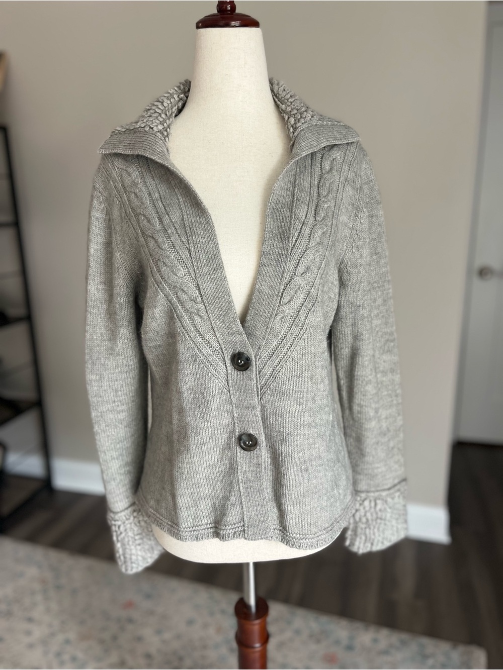 Eclectic Grandpa Women's Grey Cable Knit Button-Front Alpaca Blend Sweater